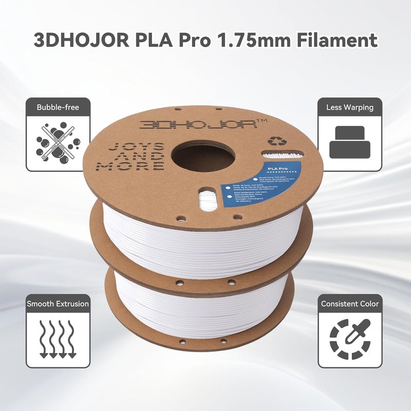 3DHoJor PLA Pro PLA+ Filament 1.75mm 3D Printer Filament Bundle 1kg*2 (4.4lbs) Dimensional Accuracy +/- 0.03 mm-2 Pack Cold White - Image 2